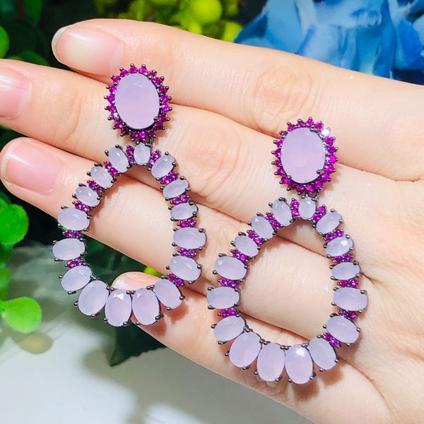 

cwwzircons chic oval cut rose red cz pink stone long dangle drop earrings fashion brand ladies daily party jewelry cz665, Silver
