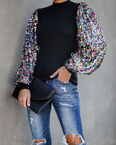 

весна женщин дизайнер tshirts моды блестки щитовые топы женские crew neck тройники с фонариков рукавом, White