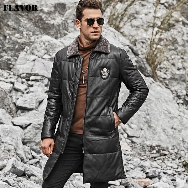 

flavor men's real leather down coat men genuine lambskin winter warm leather jacket with removable sheep fur collar, Black