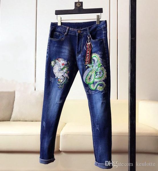 

fashionable luxury mens jeans mens slim casual pants cyan dragon white tiger embroidered jeans mens designer pants, Blue
