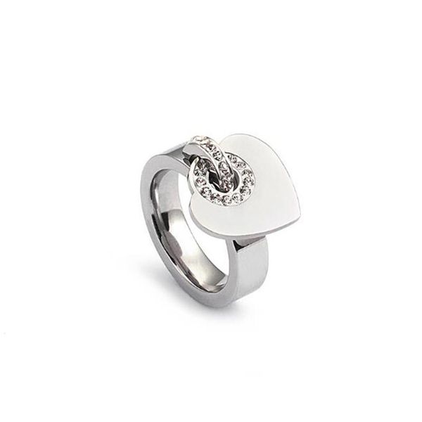 

fashion cubic zirconia stainless steel rings heart shaped pendant ring for women valentine's day christmas jewelry gift, Slivery;golden