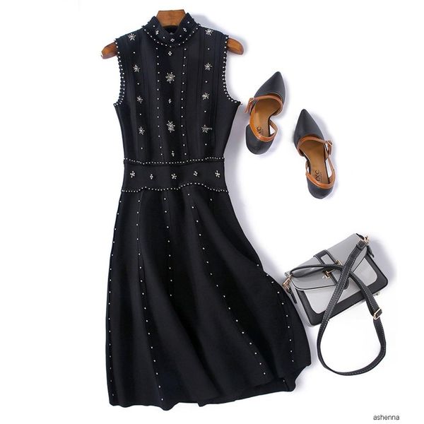 

женская дизайнерская изогнутая бисерная вязка женская осень тяжелая промышленность бисером сексуальная утечка назад вечернее платье skirtxid, Black;gray