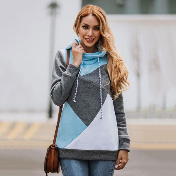 

personalities geometric figure patchwork drawstring women autumn winter hoodies slim pullovers casual sweatshirts female, Black
