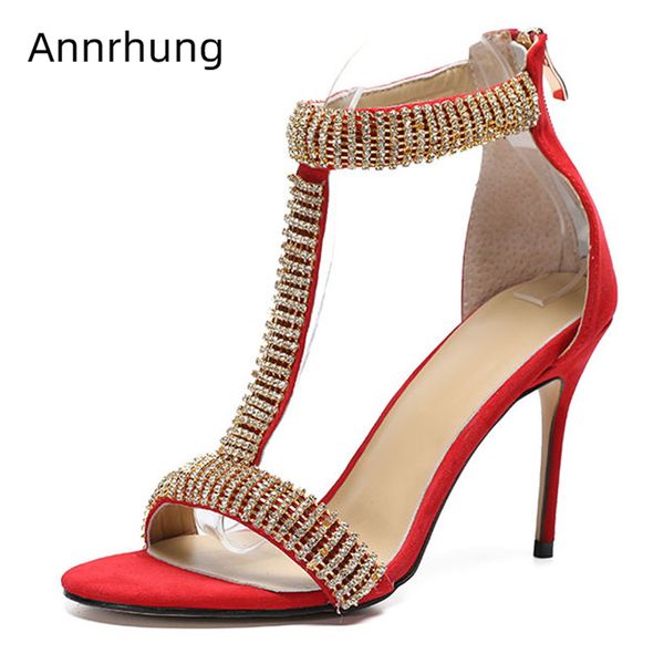 

gold diamond t-strap summer 2020 party shoes stiletto heel open toes back zip suede rhinestone sandals women, Black