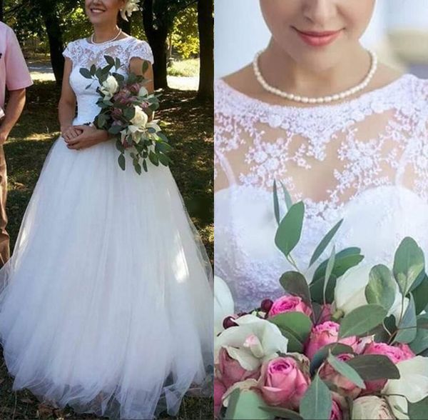 

garden a-line bridal wedding dresses lace bodice illusion jewel neck cap sleeves pleated wedding gowns for bride, White