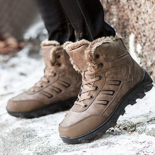 

men leather sport winter boots waterproof work boots non-slip rubber outsole cotton snow shoes 998, Black