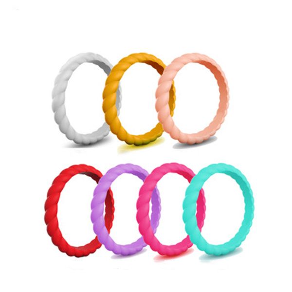 

7pcs/set twist silicone ring 3mm braid rubber flexible finger band rings wedding engagement classical stackable braid hypoallergenic jewelry, Slivery;golden