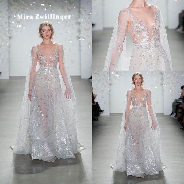 Modern Mira Zwillinger A Line Wedding Dresses V Neck mangas lantejoulas vestido de casamento Trem da varredura robe de mariée