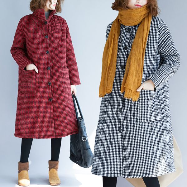

red plaid chinese style women winter warm long jacket vintage female black winter quilted padded coat ladies windbreaker parka