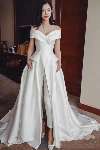 

elegant off shoulder white jumpsuit evening dress 2019 ladies party occasion prom dresses pant suits long formal dresses, White;black