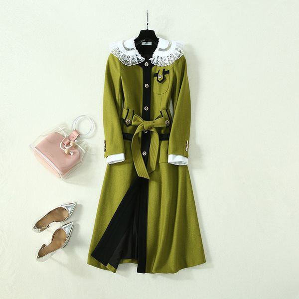 

новое высокое качество пояса осень зима женские пальто chic женщин элегантный питер пэн воротник пальто шерстяное b390, Black