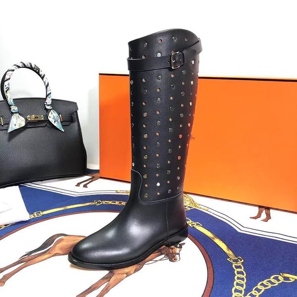 

2019 european station high boots women's knees autumn long boots hollow hole thin section sheepskin thick with sleeve boots tide, Black