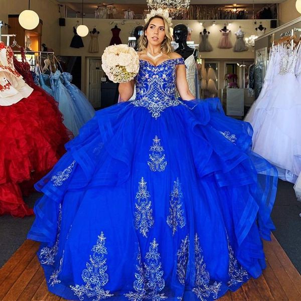 Princesa Royal Azul Quinceanera Vestidos Puffy Ball Vestido Tule Vestidos de Prom 2020 Com Applique Frisado Cristal Doce 16 Vestido Vestidos de vestido