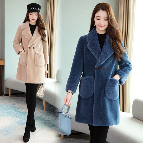 

new style 2019 autumn & winter granule chenille coat women's mid-length wool-like fabric fur fashion coat women's, Blue;black