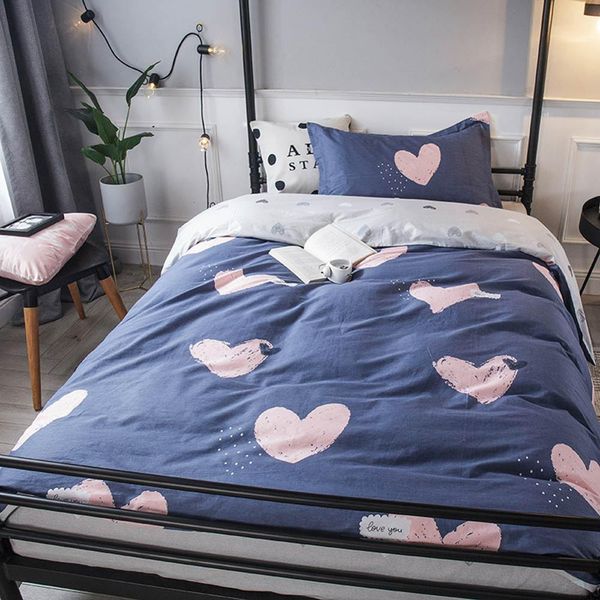 2019 Dark Blue Pink Hearts Dormitory Bedding Set Twin