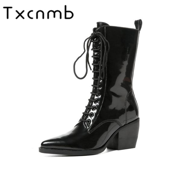 

txcnmb 2019 boots women mid-calf boots for women winter genuine leather high heel shoes woman lace-up pointed toe, Black