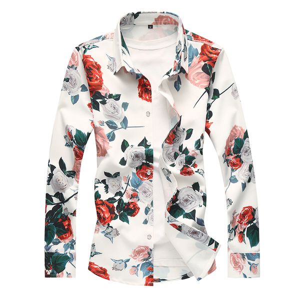 

2019 autumn white men flower shirt long sleeve asian size s - 7xl leisure shirt men fashion mens dress shirts high quality, White;black
