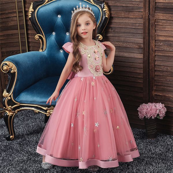 

kids girl flower dress vintage embroidery long children party wedding formal dress for girl princess first communion costume, Red;yellow