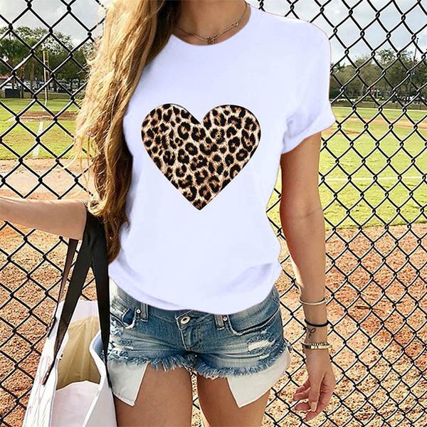 

plus size women t-shirt 2020 summer leopard heart print t shirt women casual white loose short sleeve tshirt camisas mujer