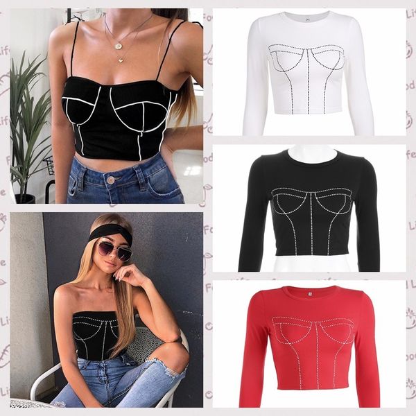 

2020 ins bright wind line plastering chest straps t-shirt women's summer, White