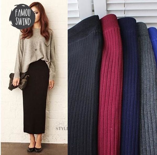 

autumn 2019 and winter skirt long women office autumn package hip maxi thicker lady chic rib knit pencil midi skirts, Black