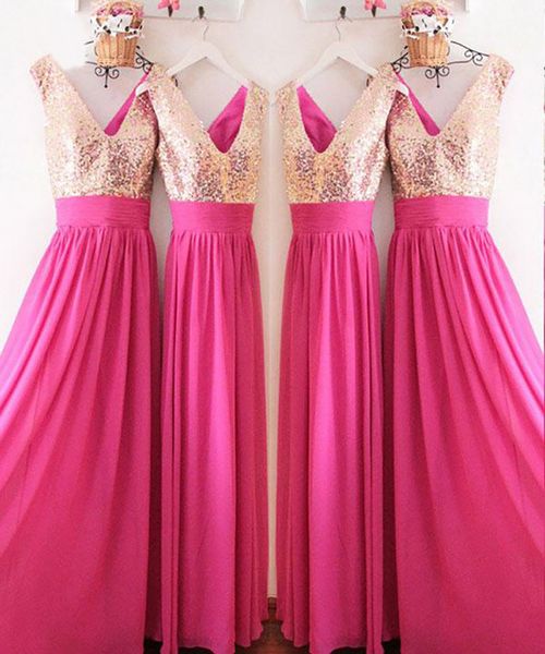 

fuchsia long bridesmaid dresses rose gold sequins v-neck floor length sparkly maid of honor dress wedding guest gowns cheap, White;pink