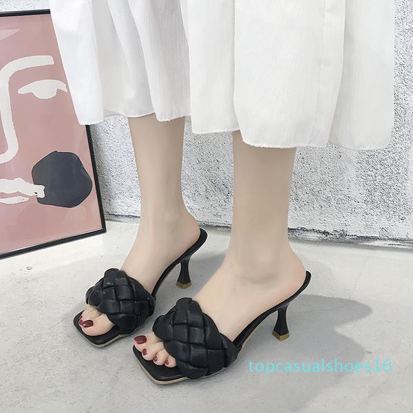 

female shoes slippers women summer luxury slides heeled mules square toe thin heels 2020 designer high rome pu rubber shoes t16, Black
