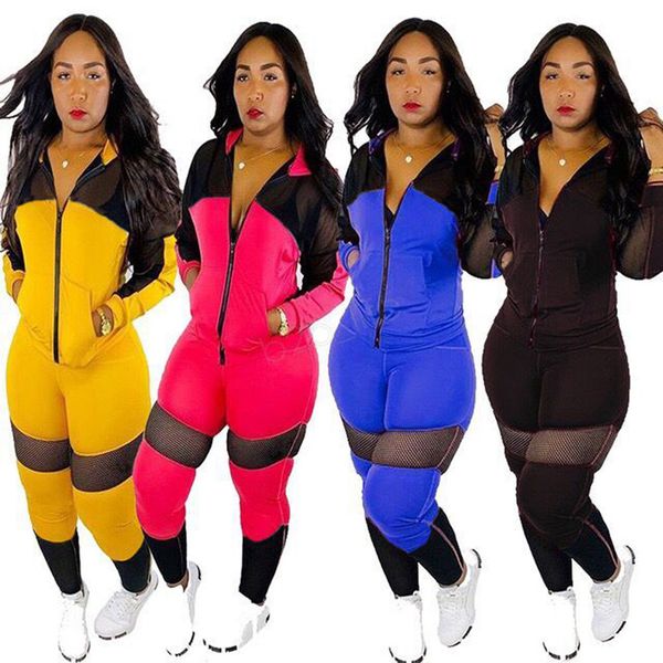 

women hoodie leggings sports suit sheer mesh panelled patchwork tracksuit hooded jacket pant 2 piece set sportswear fall outfits ljja2804, Gray