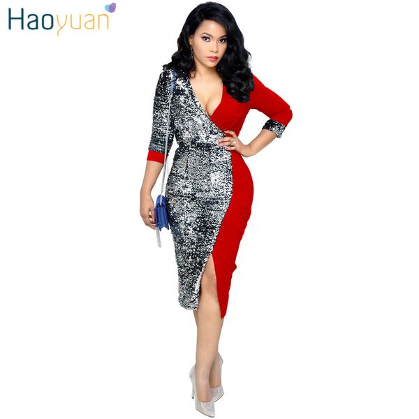 

haoyuan sequin dress women clothes 2019 new arrival black red bodycon bandage dress ol office night club midi party dresses, Black;gray
