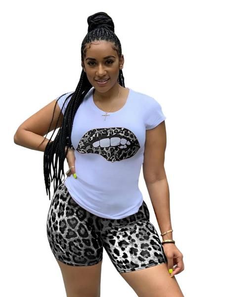 

slim women tracksuit summer leopard printed panelled lips short sleeve womens 2pcs set casual sport female clothing, Gray