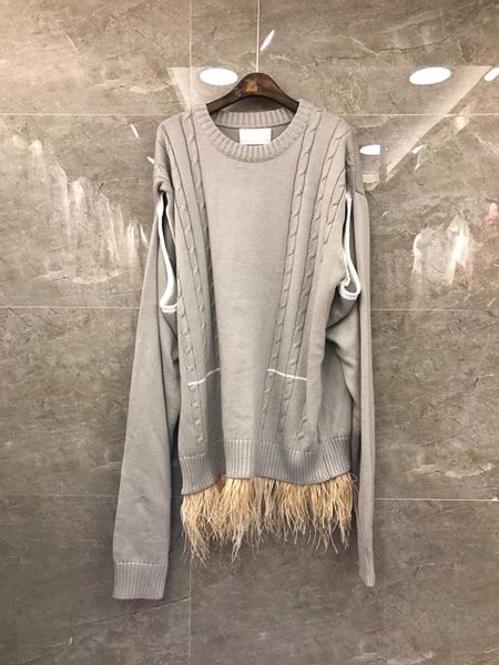 

2019 early autumn new woman knitted sweater 801 with round neck, open sleeve and coloured ostrich hair bordered long sleeve, White;black