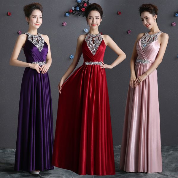

beaded satin long evening dresses halter neck prom dress backless evening gown red purple blush pink, Black;red