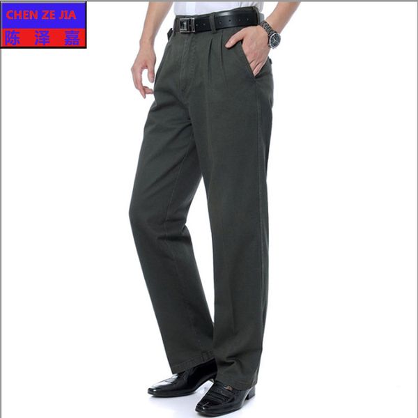 

men's cotton pants straight casual loose high full length thousers man midweight pleated twill pockets plus size 31- 42 44, Black