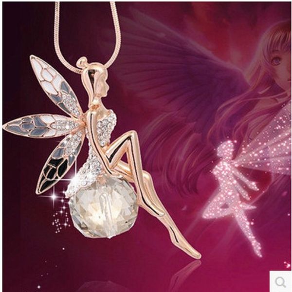 

new women crystal shiny fairy rhinestones angel wings long chain party pendant necklace sweater chain fashion jewelry, Silver