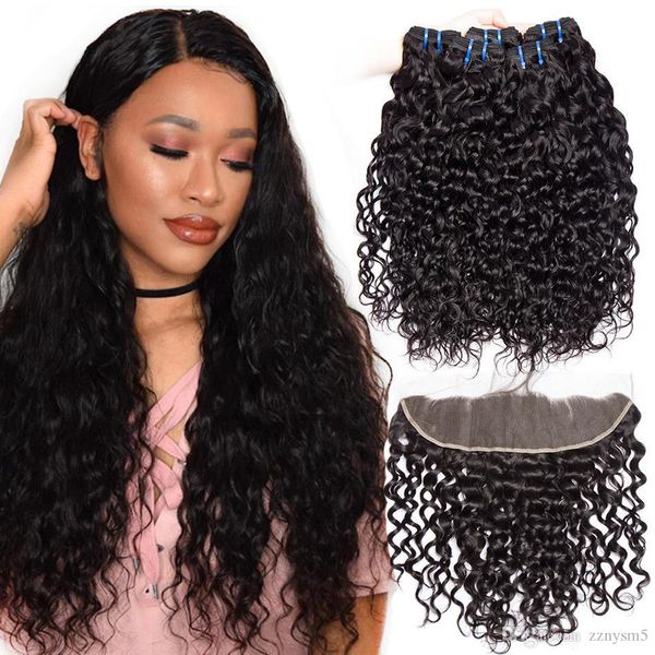 

волна воды связки с лобным закрытием высокотемпературный шелковый парик лобное закрытие с бразильским плетением волос бесплатная доставка, Black