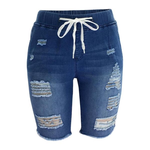 

summer denim ripped shorts women blue drawstring closure distressed knee length stretch short jeans, White;black