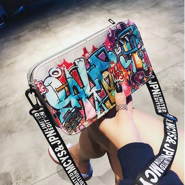 

women handbag leather shoulder bags lady pu crossbody messenger bag graffiti zipper envelop clutch phone purse sac #t2p