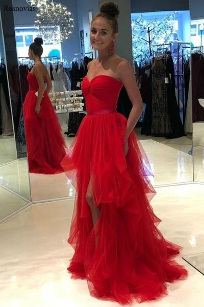 

arabic red hi-lo prom dresses tulle ruffled skirts strapless backless sweep train evening party dresses 2019 vestido cheap, White;black