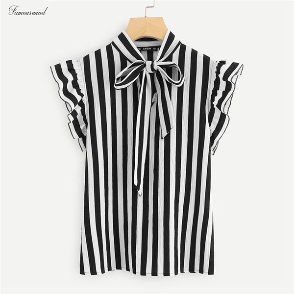 

blouse summer elegant work women blouses cap sleeve polyester black and white tie neck butterfly sleeve workwear striped