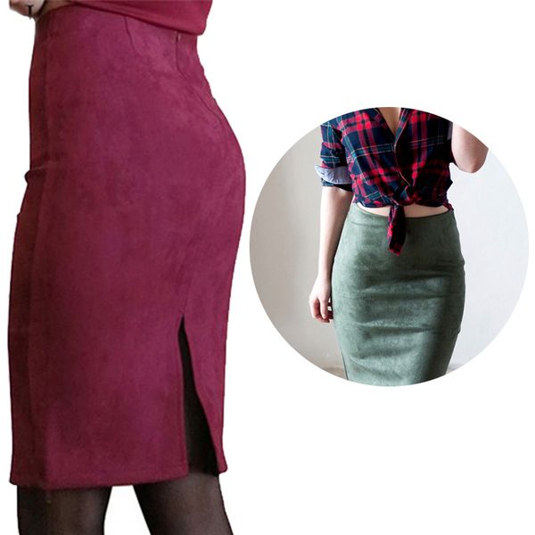 

skirts fashion women high waist spring autumn knee-length pencil skirt female suede split jupe femme faldas mujer, Black