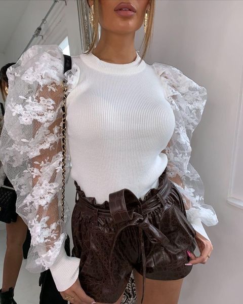 

женская элегантный sexy puff с длинным рукавом ребристые вязать шею slim fit блуза футболки пуловеры топы, White