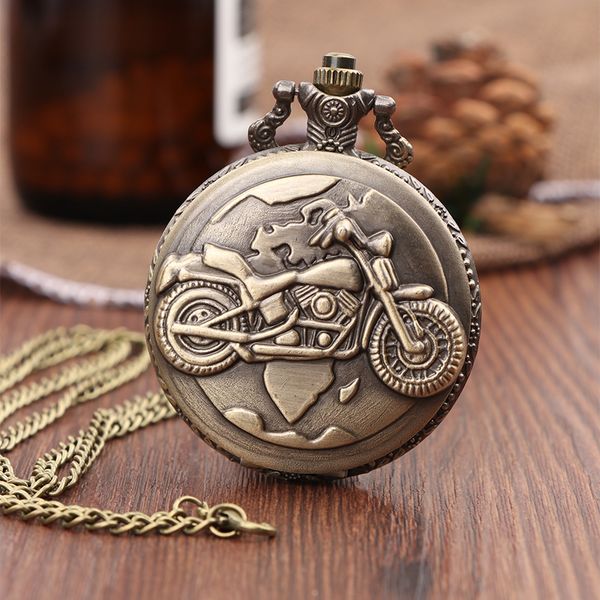 

vintage antique carving motorcycle steampunk quartz pocket watch retro bronze women men necklace pendant clock with chain toy, Slivery;golden