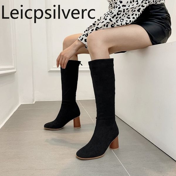 

women's boots autumn and winter the new fashion square head zipper thick heel high heel high tube women's shoes plus size 34-48, Black
