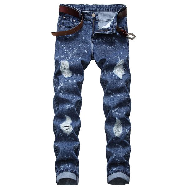 

splash paint hole mens jeans summer slim straight casual men pants full length man fashion clothing, Blue