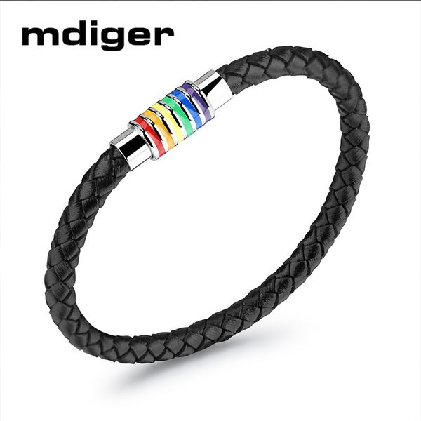 

mdiger bracelet creative rainbow leather women bracelet men titanium steel homme buckle black wristband gifts, White