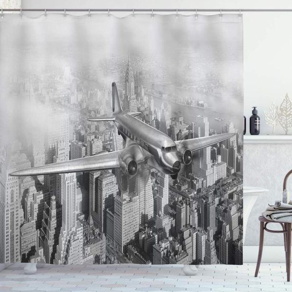 

shower curtains vintage curtain nostalgic dated plane flying over skyscrapers in york city urban life bathroom decor set with hooks