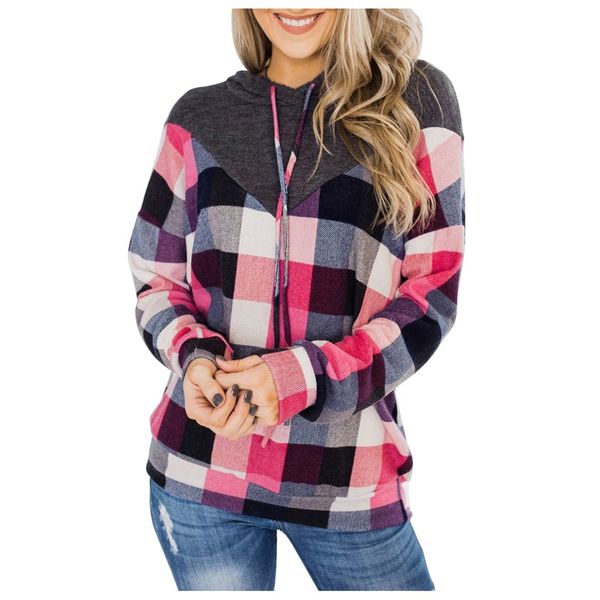 

blusa feminina 2019 vintage women's casual long sleeve plaid color block hoodies pullover blouse women ropa mujer, White