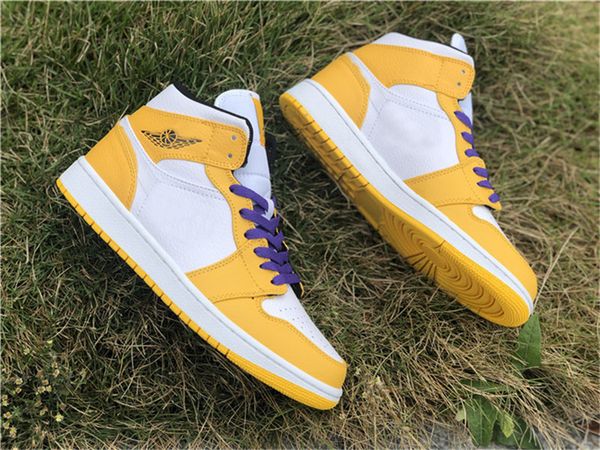 

2019 release man women girl basketball shoes air sneakers 1 mid laker retro yellow purple 852542-700 come with box