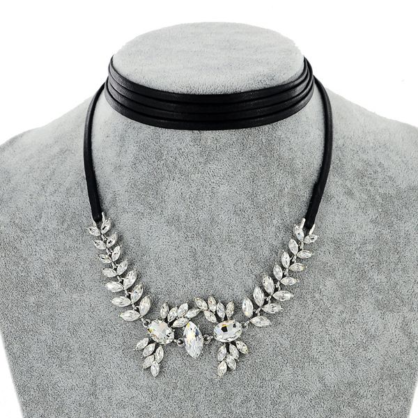 

elegant women long tassel zirconia rhinestone pendant necklace layered leather cord clavicular chain choker jewelry lover gifts, Silver
