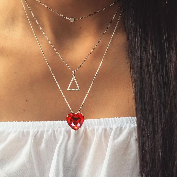 

heart crystal necklace for women love necklace diamond ruby triangle multilayer necklaces, Silver